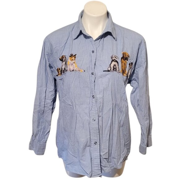 Vintage Denim Shirt Dogs Embroidered Talk Of The Walk Casey Coleman Rebrand L XL - Picture 1 of 9
